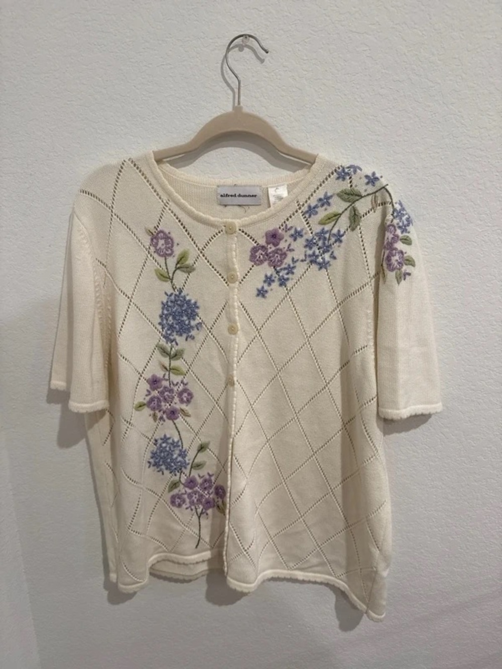 Alfred Dunner Cream Embroidered Floral Button-Front Cardigan